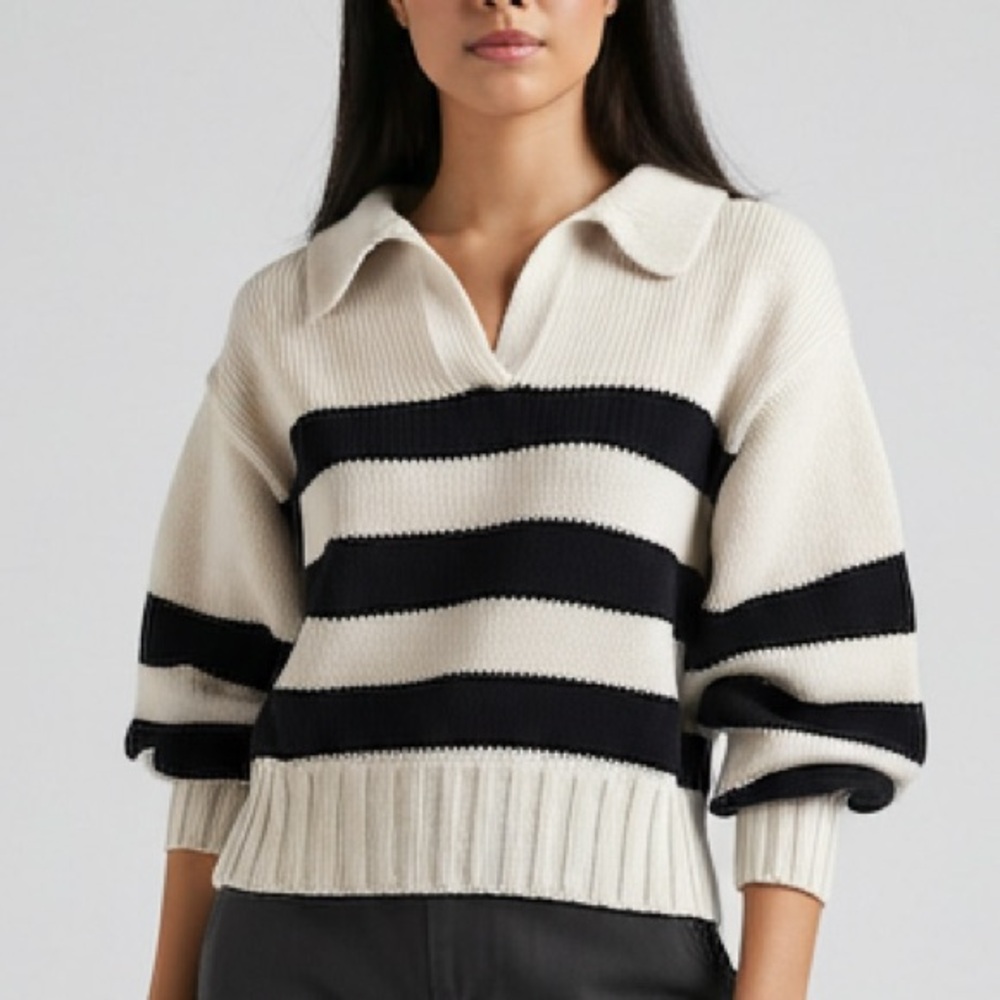 Quince 100% Organic Cotton Cropped Polo Sweater Black & Cream Stripes M Striped